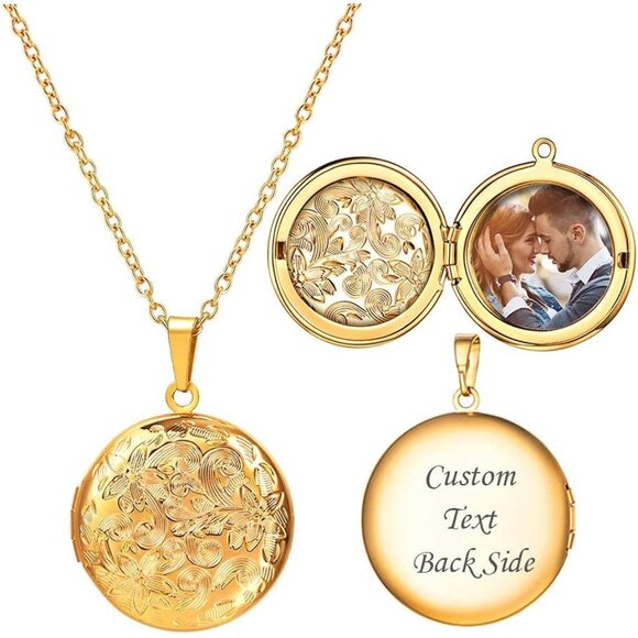 Jewelry - Locket Necklace for Women, Silver/Gold/Rose Gold Custom Photo Text Necklaces, Fl